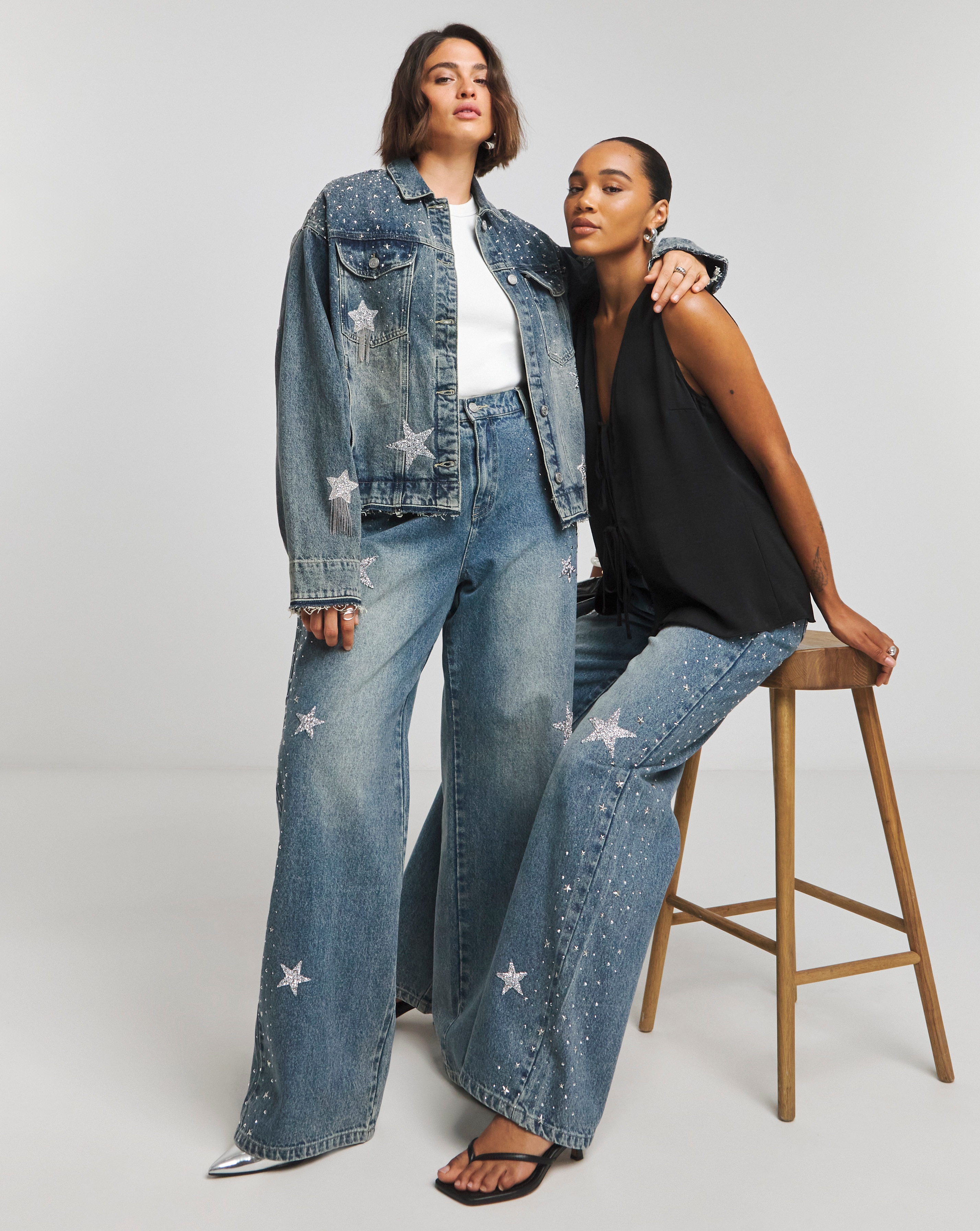 Star Embellished Wide Leg Jeans