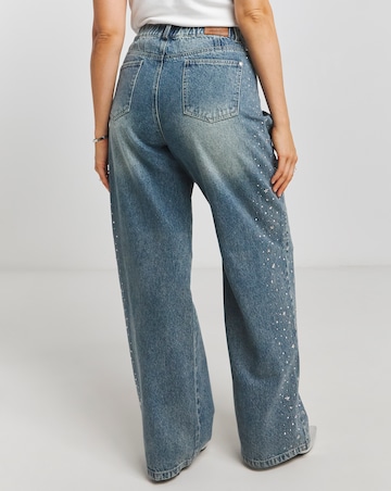 Simply Be X Twisted Wunder Mid Wash Star Embellished Wide Leg Jeans