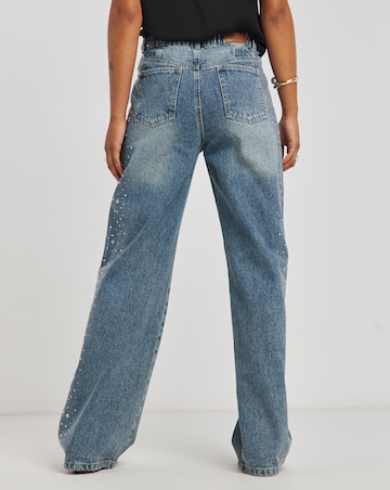 Simply Be X Twisted Wunder Mid Wash Star Embellished Wide Leg Jeans