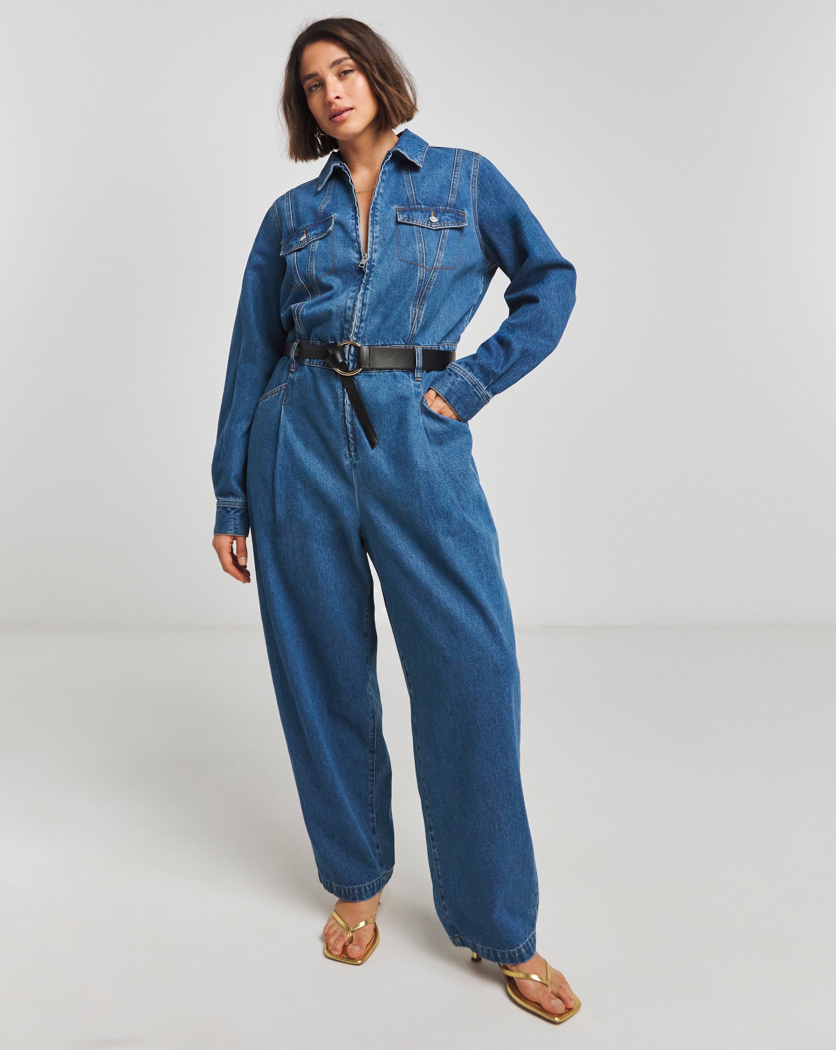 Mid Wash Tapered Leg Jumpsuit