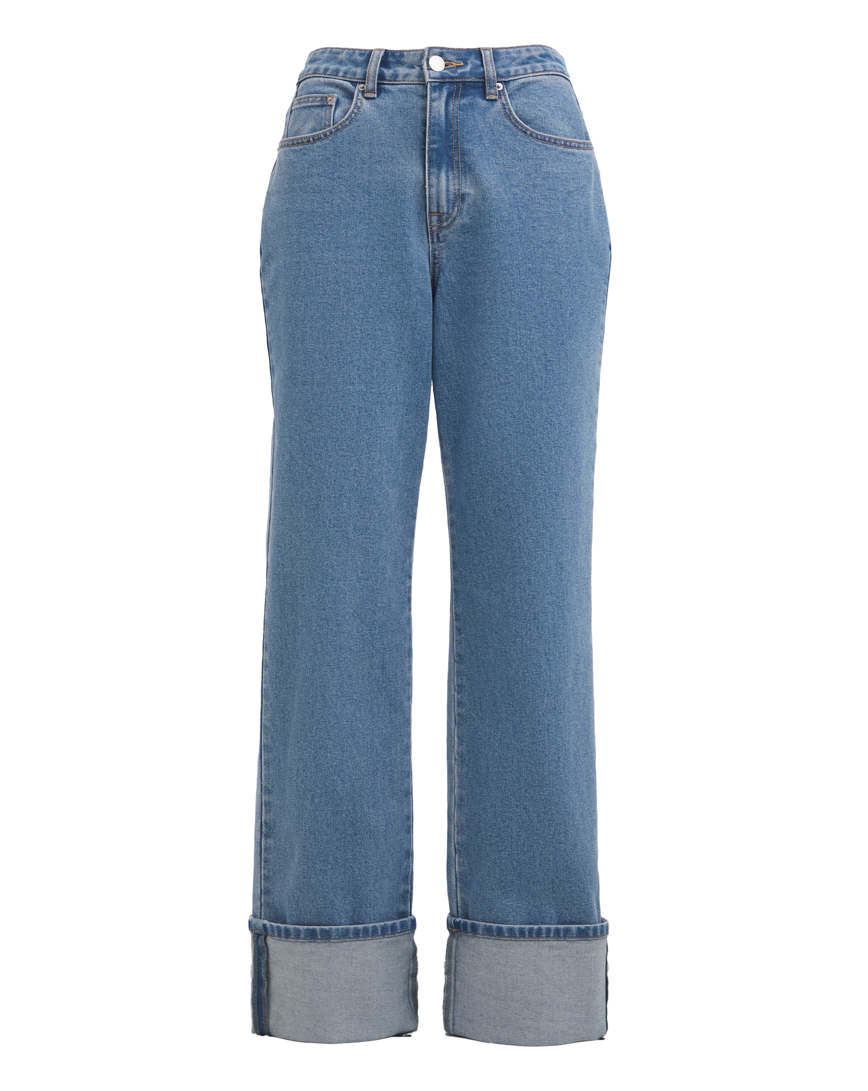 Bright Blue Turn Up Hem Straight Jeans
