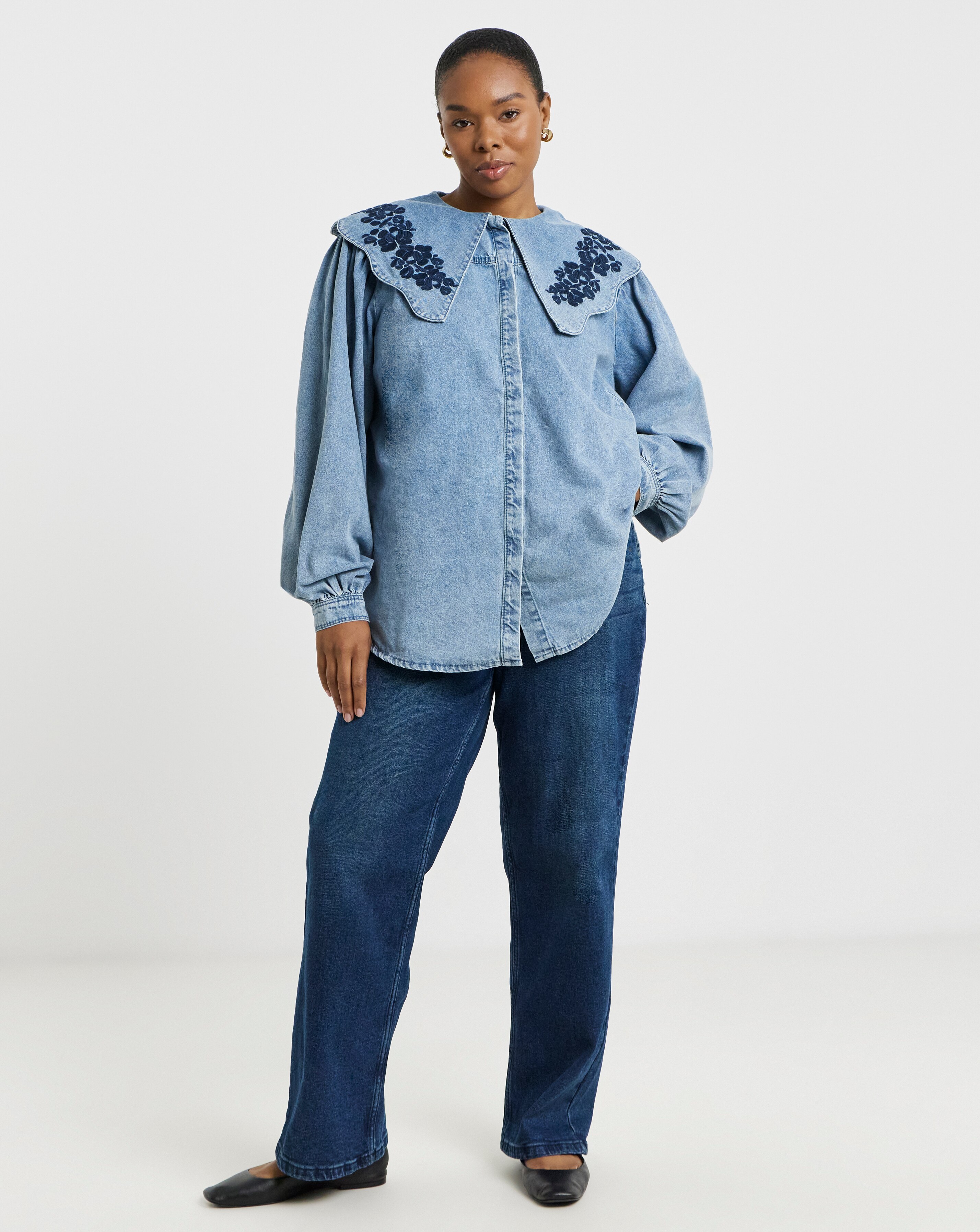 Mid Wash Puff Sleeve Denim Blouse with Embroidered Collar | JD