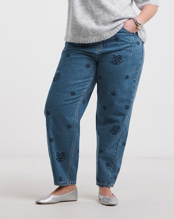 Simply Be Womens Embroidered Barrel Leg Jeans- Mid Wash