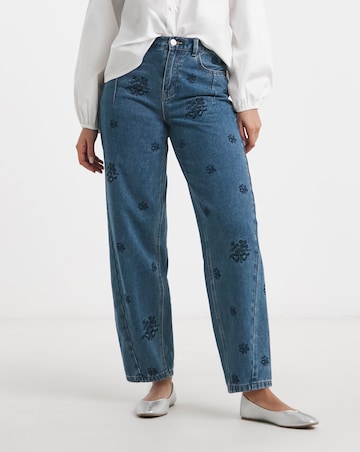Simply Be Womens Embroidered Barrel Leg Jeans- Mid Wash