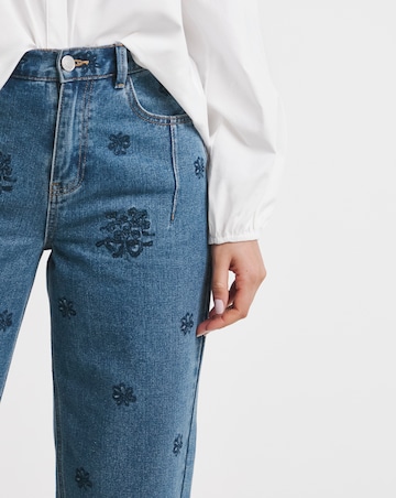 Simply Be Womens Embroidered Barrel Leg Jeans- Mid Wash