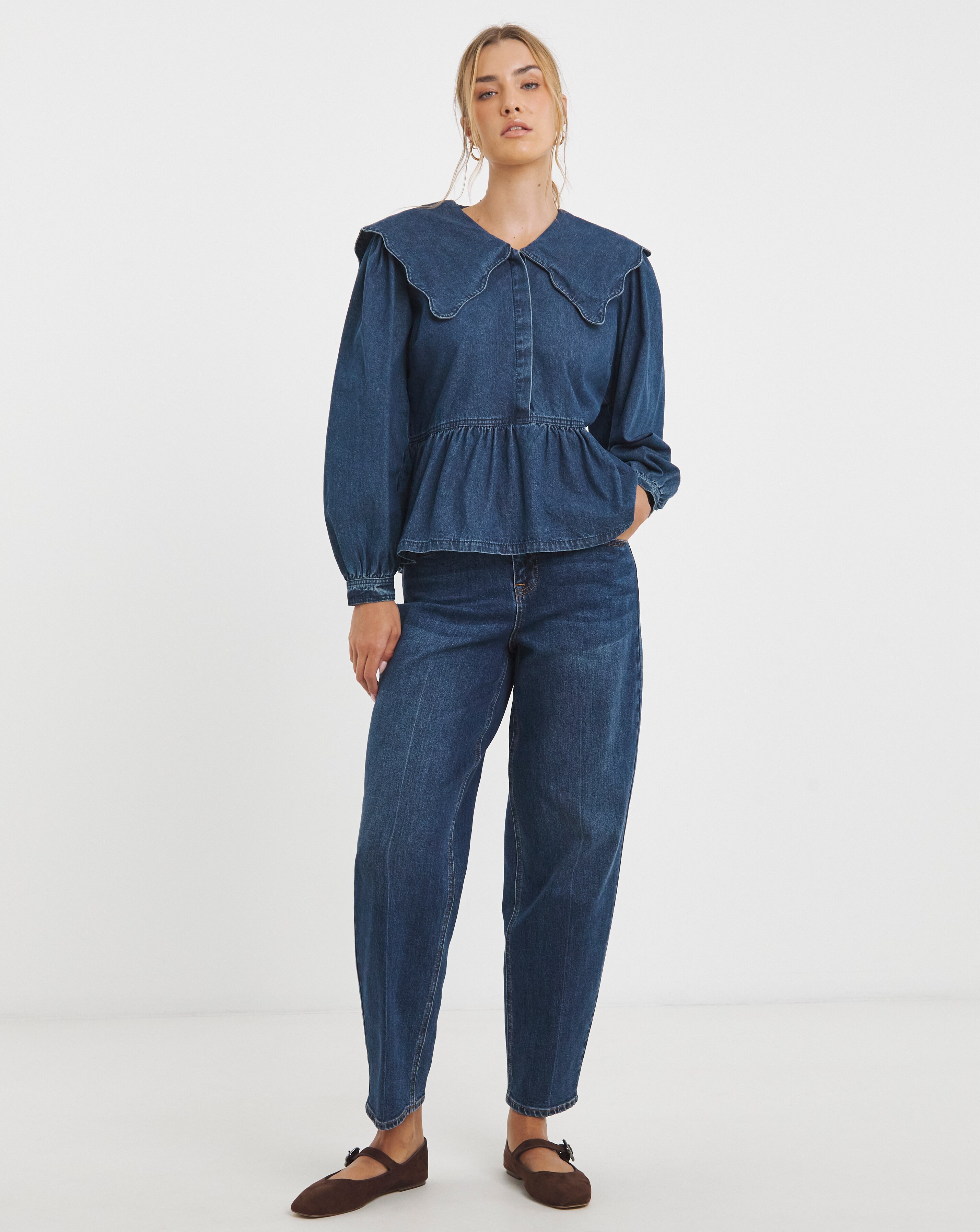 Simply Be Mid Blue Denim Scalloped Collar Peplum Blouse | JD Williams