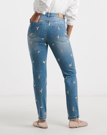 Mid Blue Fruit Embroidered Slim Mom Jeans