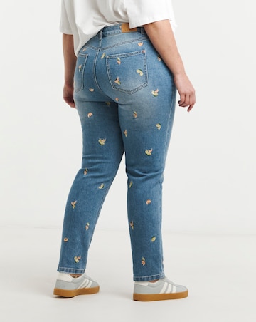 Mid Blue Fruit Embroidered Slim Mom Jeans