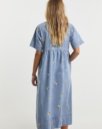 Simply Be Mid Blue Fruit Embroidered Denim Tie Front Midaxi Dress