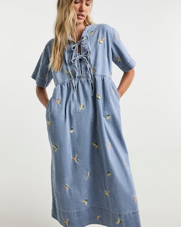 Simply Be Mid Blue Fruit Embroidered Denim Tie Front Midaxi Dress