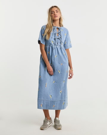 Simply Be Mid Blue Fruit Embroidered Denim Tie Front Midaxi Dress