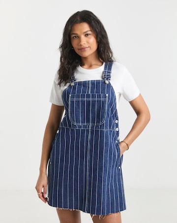 Simply Be Blue Striped Denim Dungaree Mini Dress
