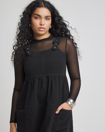 Simply Be Black Covered Buckle Denim Dungaree Midaxi Dress