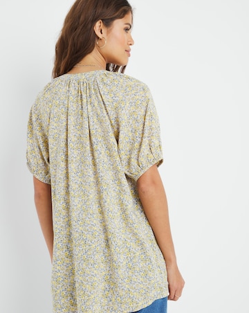 Yellow Ditsy Floral Short Sleeve Viscose Collarless Blouse