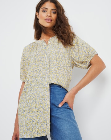Yellow Ditsy Floral Short Sleeve Viscose Collarless Blouse