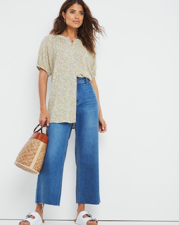 Yellow Ditsy Floral Short Sleeve Viscose Collarless Blouse