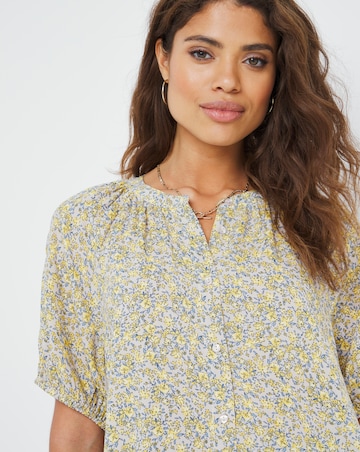 Yellow Ditsy Floral Short Sleeve Viscose Collarless Blouse