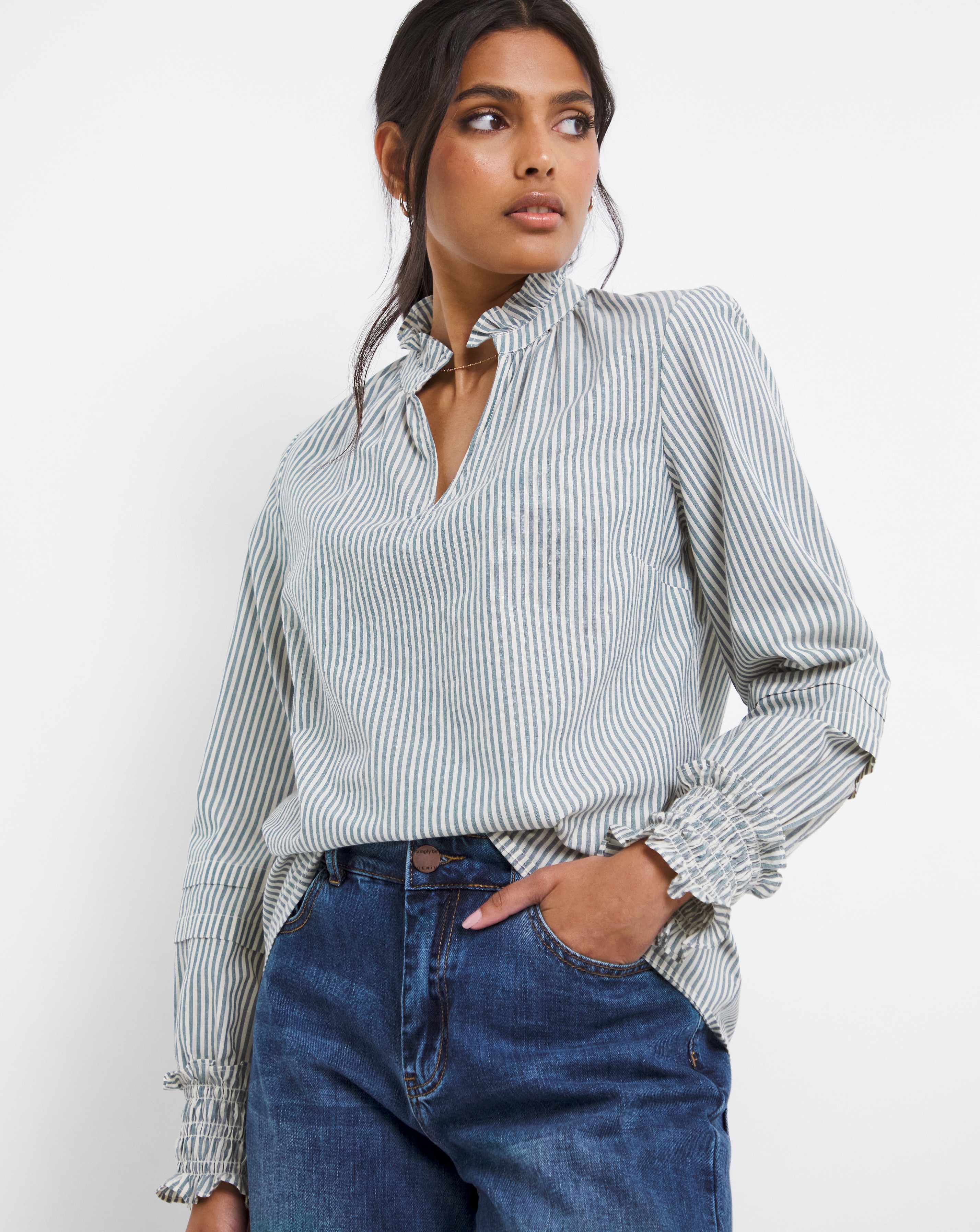 Blue Stripe Pleat Sleeve Blouse