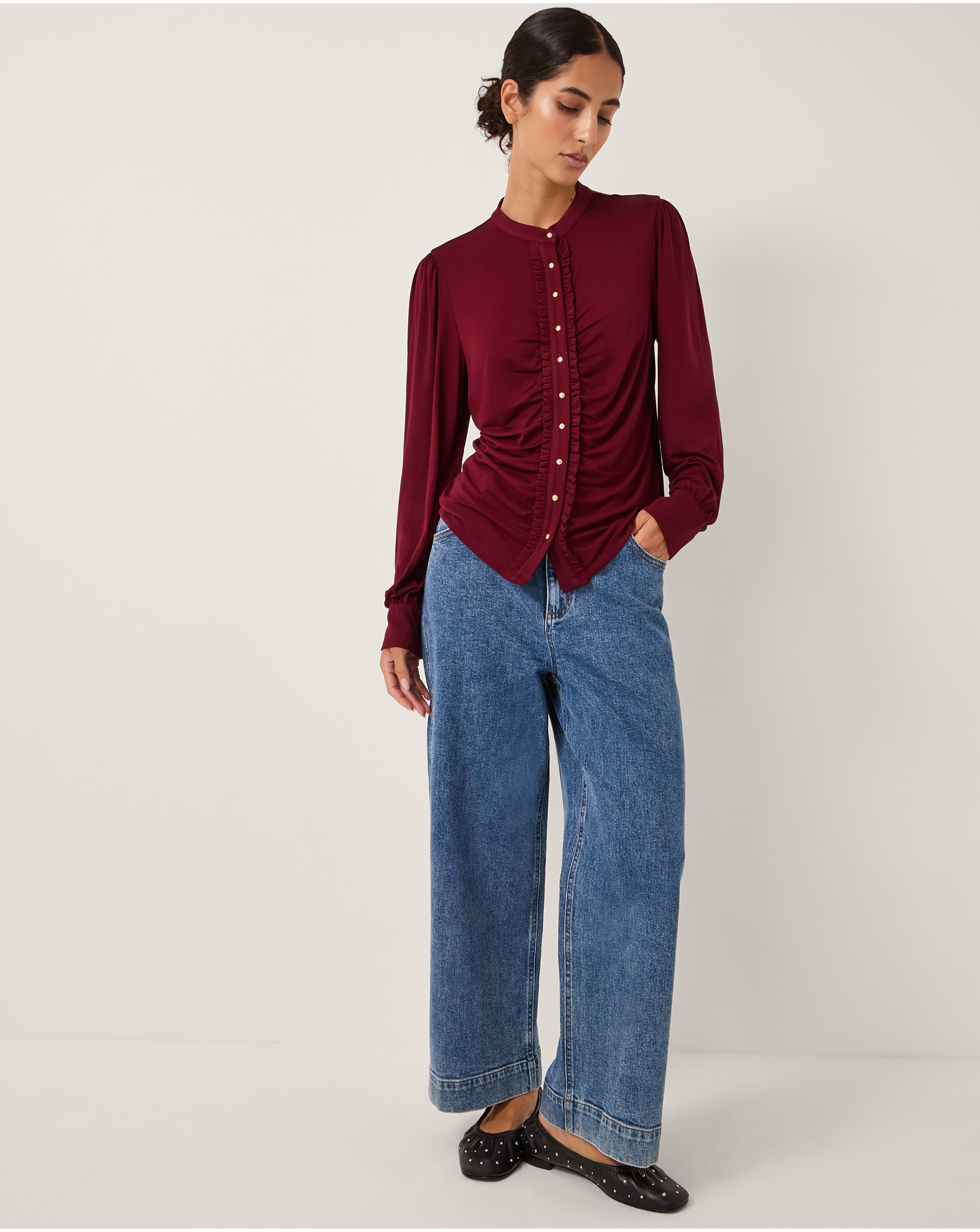 Monsoon Jayne Ruched Frill Jersey Blouse