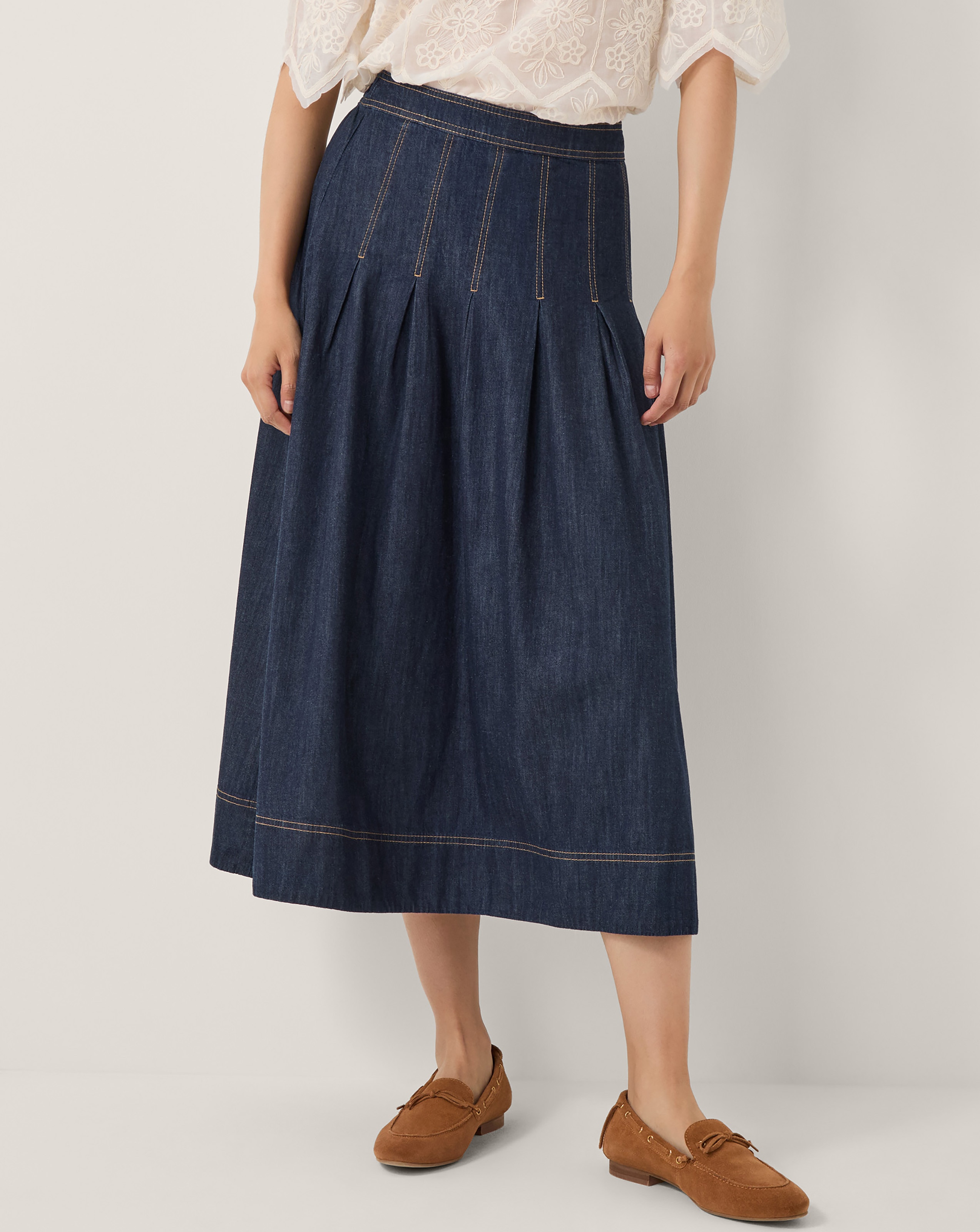 Monsoon Darcie Pleated Denim Midi Skirt