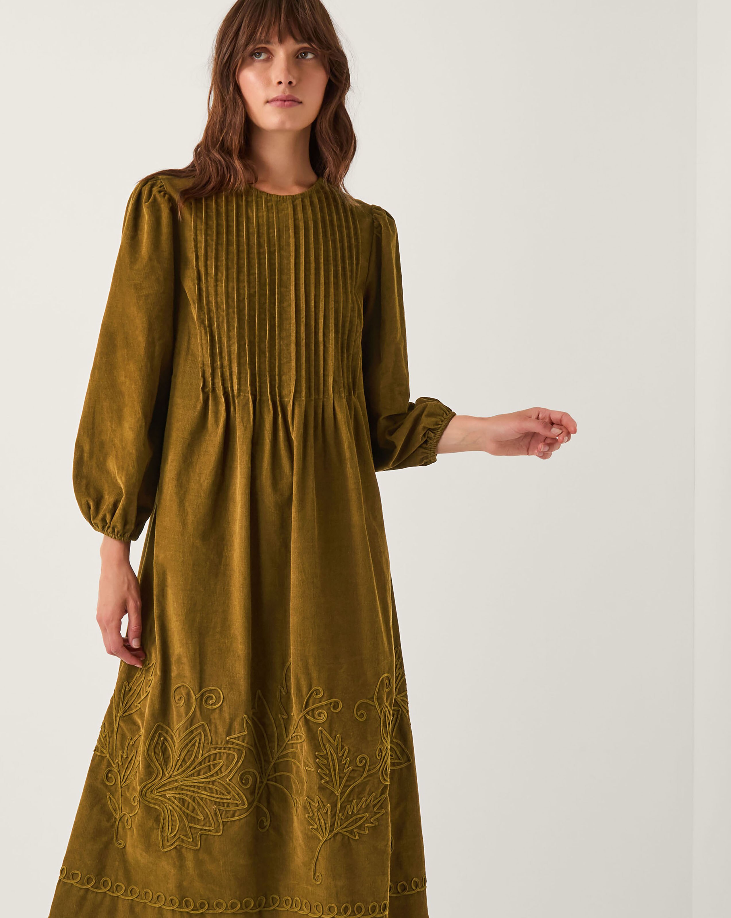Monsoon Joyce Pintuck Embroidered Corduroy Midi Dress | JD Williams