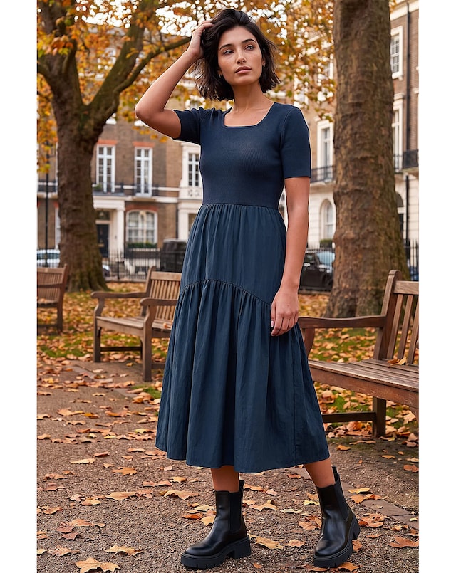 Roman Knit Woven Mix Midi Dress