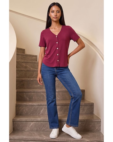 Roman Petite V-Neck Buttoned Blouse