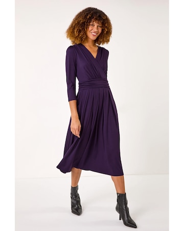 Roman Wrap V-Neck Stretch Midi Dress