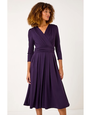 Roman Wrap V-Neck Stretch Midi Dress