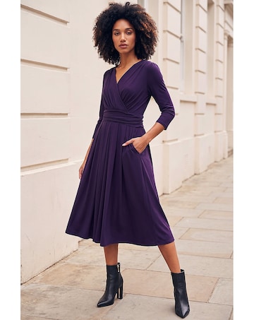 Roman Wrap V-Neck Stretch Midi Dress