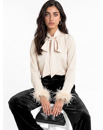 Lovedrobe Feather Cuff Bow Satin Blouse