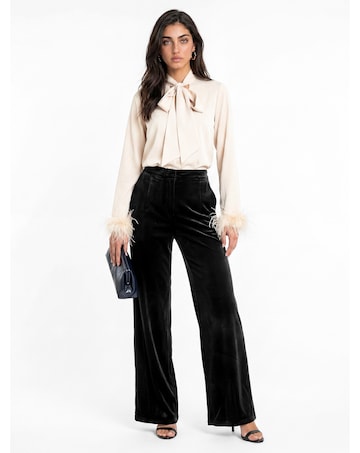 Lovedrobe Feather Cuff Bow Satin Blouse