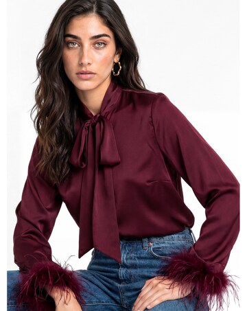 Lovedrobe Feather Cuff Bow Satin Blouse