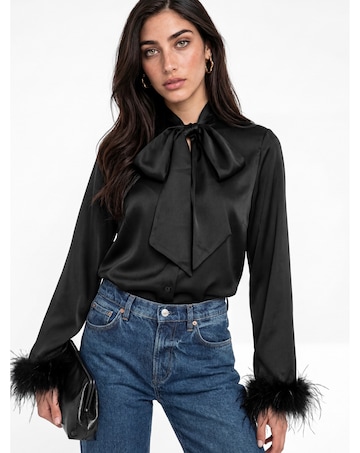 Lovedrobe Feather Cuff Bow Satin Blouse