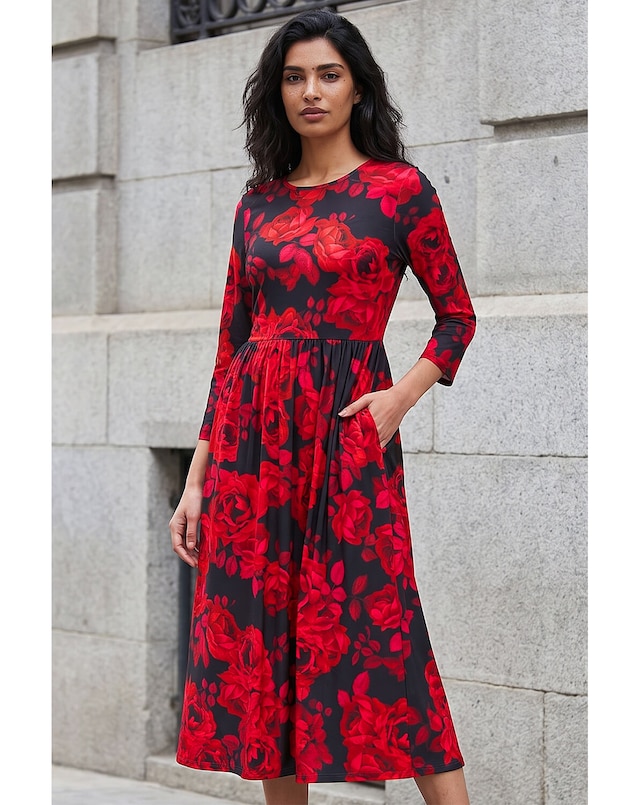 Roman Rose Print Gathered Midi Dress