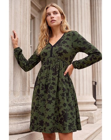 Roman Floral Contrast Trim Stretch Dress