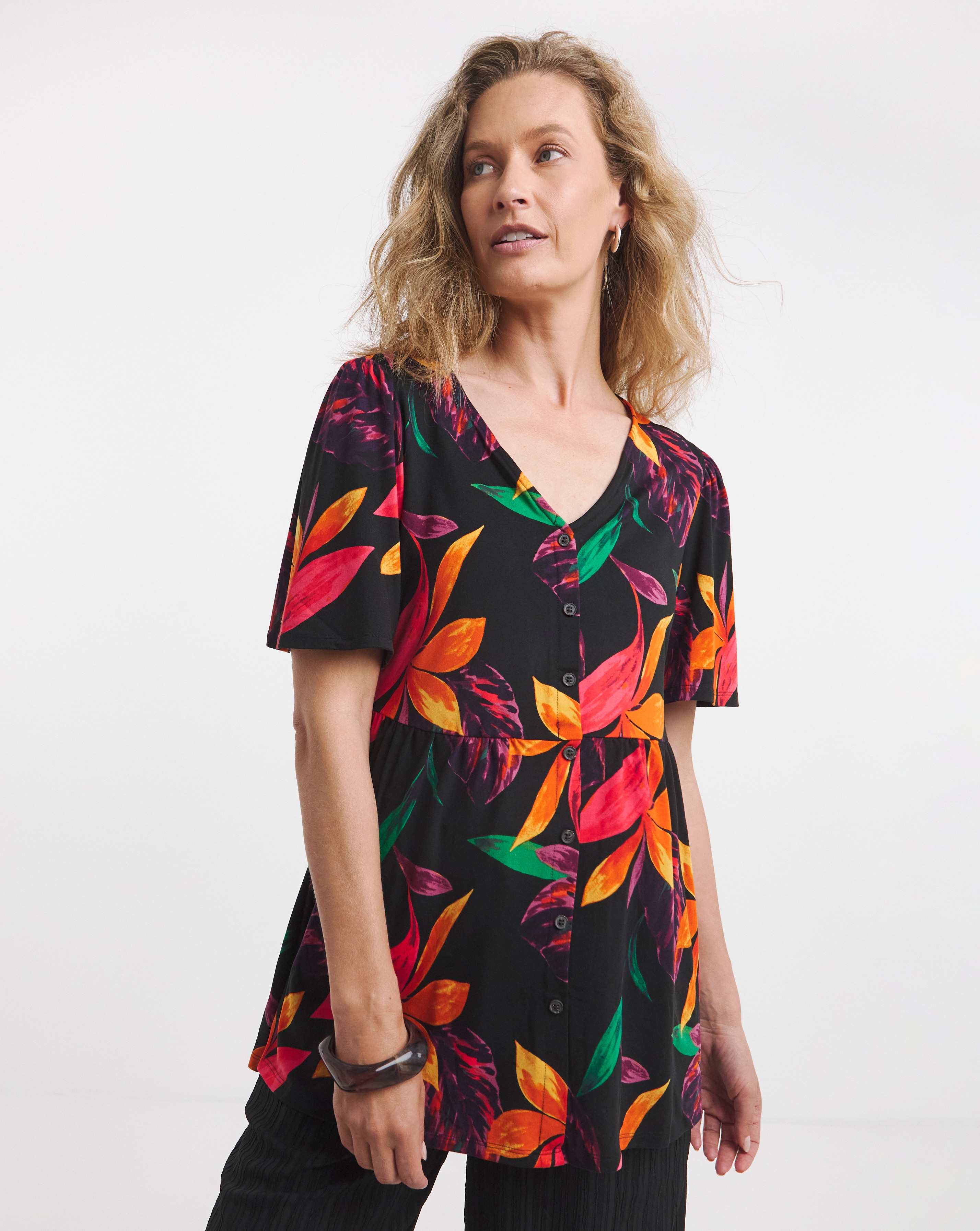 Angel Sleeve Button Front Longline Top