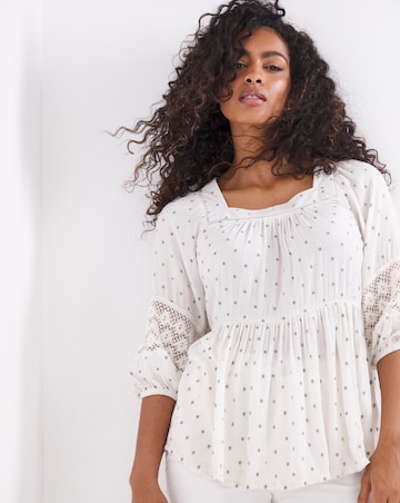 Mono Spot Three Quarter Sleeve Lace Insert Square Neck Top