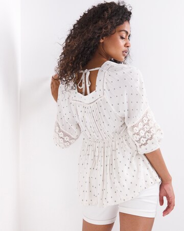 Mono Spot Three Quarter Sleeve Lace Insert Square Neck Top