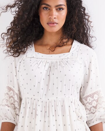 Mono Spot Three Quarter Sleeve Lace Insert Square Neck Top