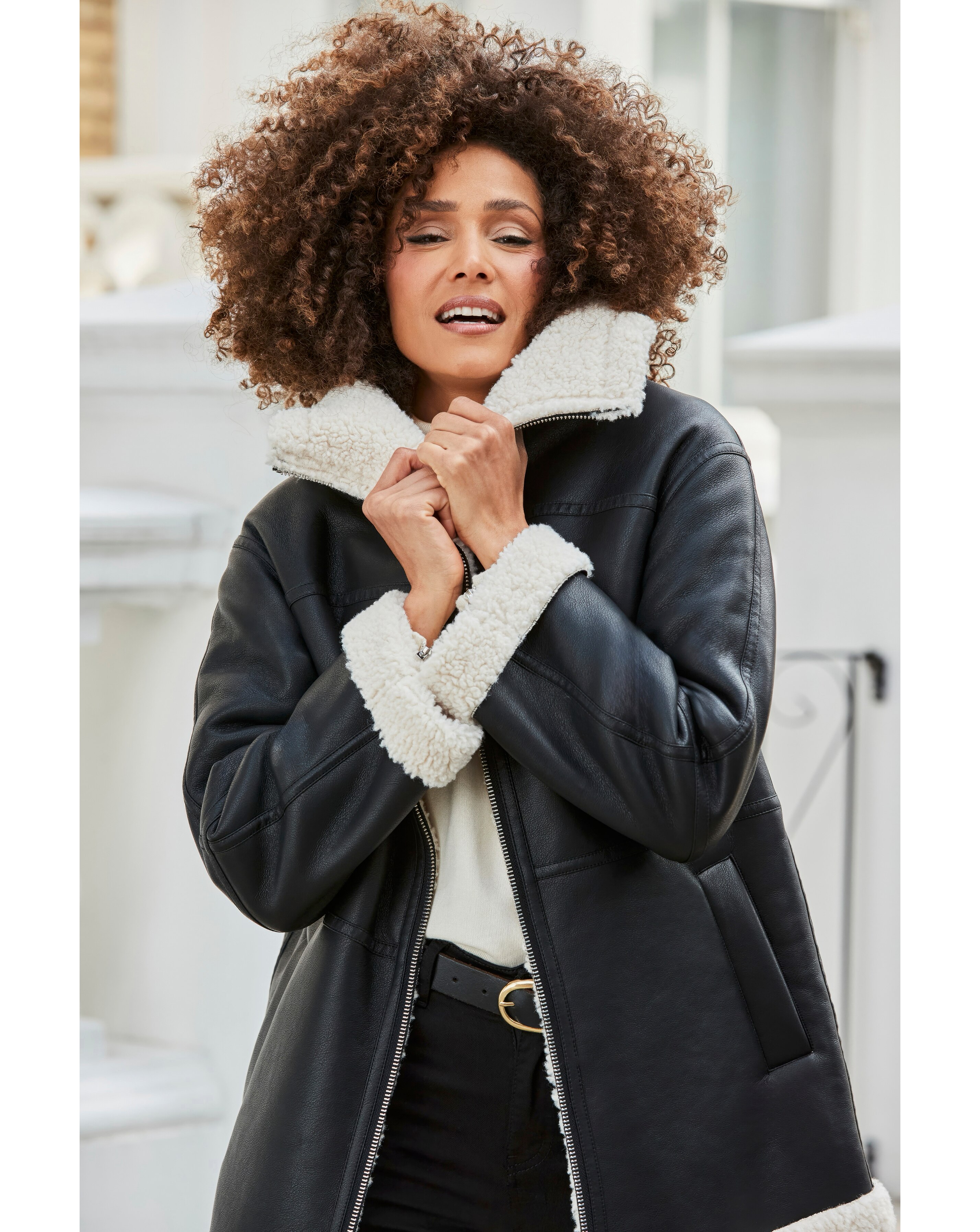 Sosandar Leather Look Shearling Jacket | JD Williams