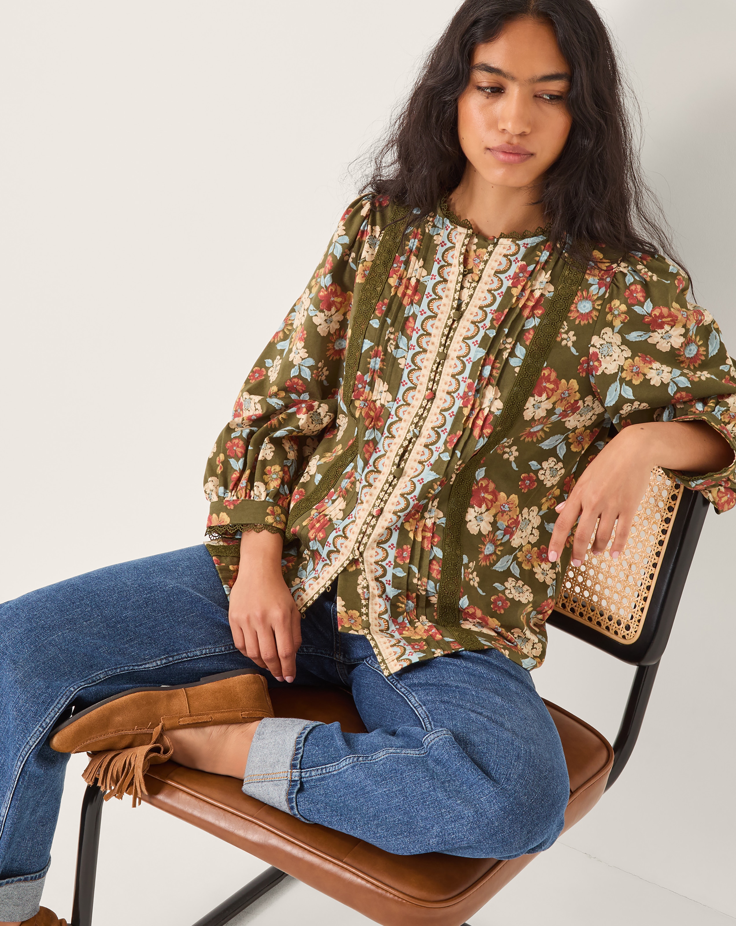 New In - Monsoon Olive Floral Print Jersey Shirt