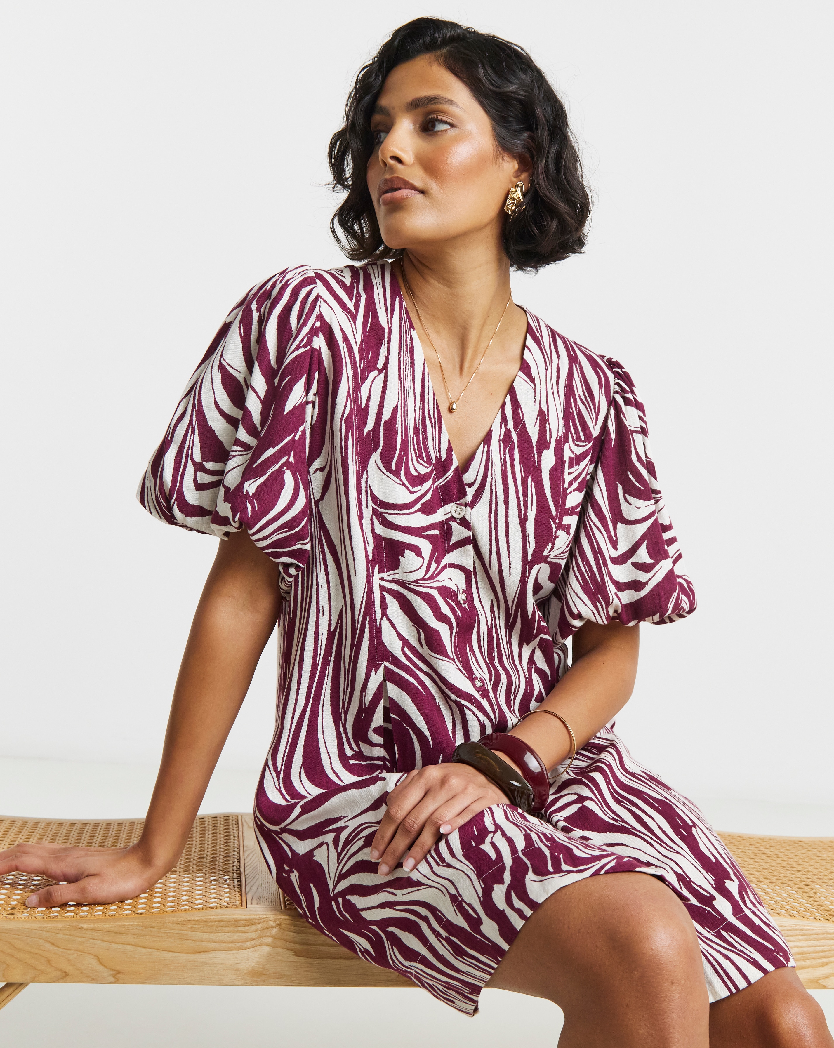 New In - Printed Linen Button Up Shift Dress