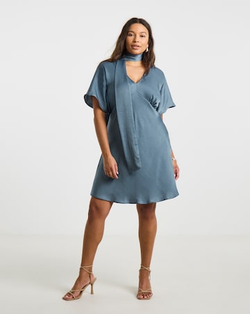 Short Sleeve Satin Scarf Detail Dress