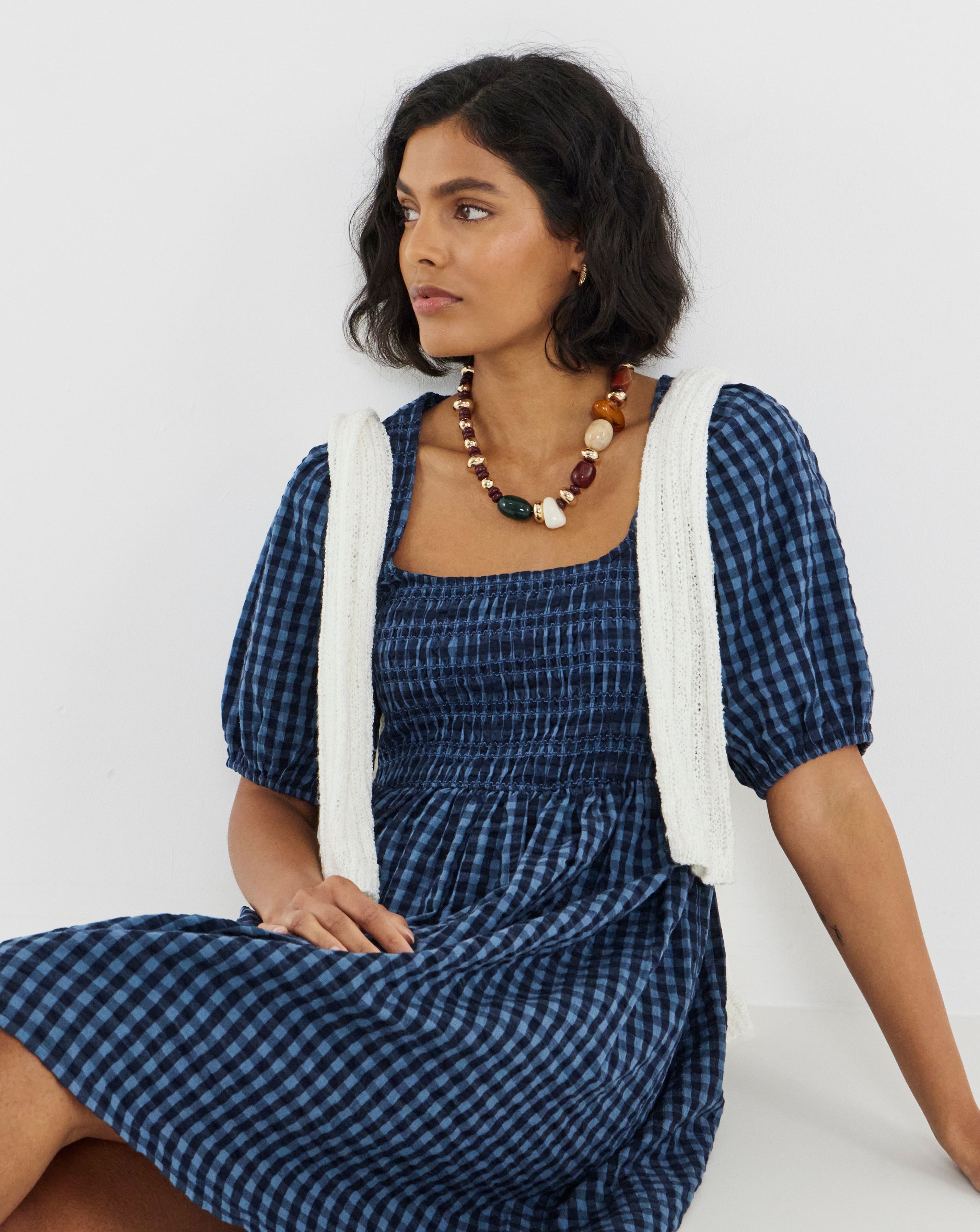 Simply Be Navy Gingham Shirred Skater Dress