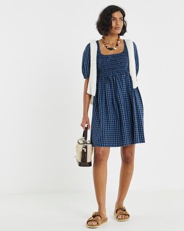 Simply Be Navy Gingham Shirred Skater Dress