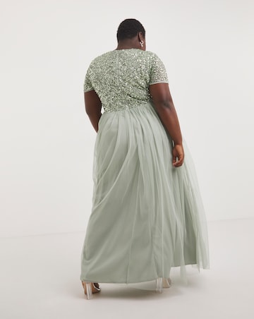 Maya Curve V-Neck Sequin Embellished Tulle Maxi Dress