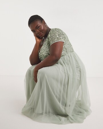 Maya Curve V-Neck Sequin Embellished Tulle Maxi Dress