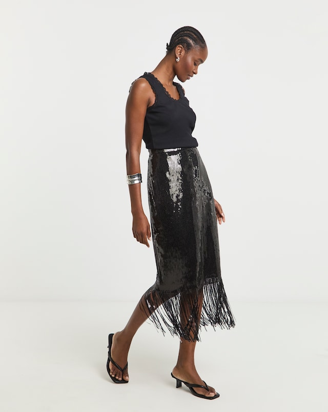 Lovedrobe Sequin Tassel Skirt - Black