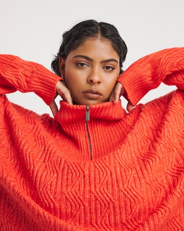 Native Youth Zip Up Funnle Neck Cable Knit Jumper With Dropped Shoulder